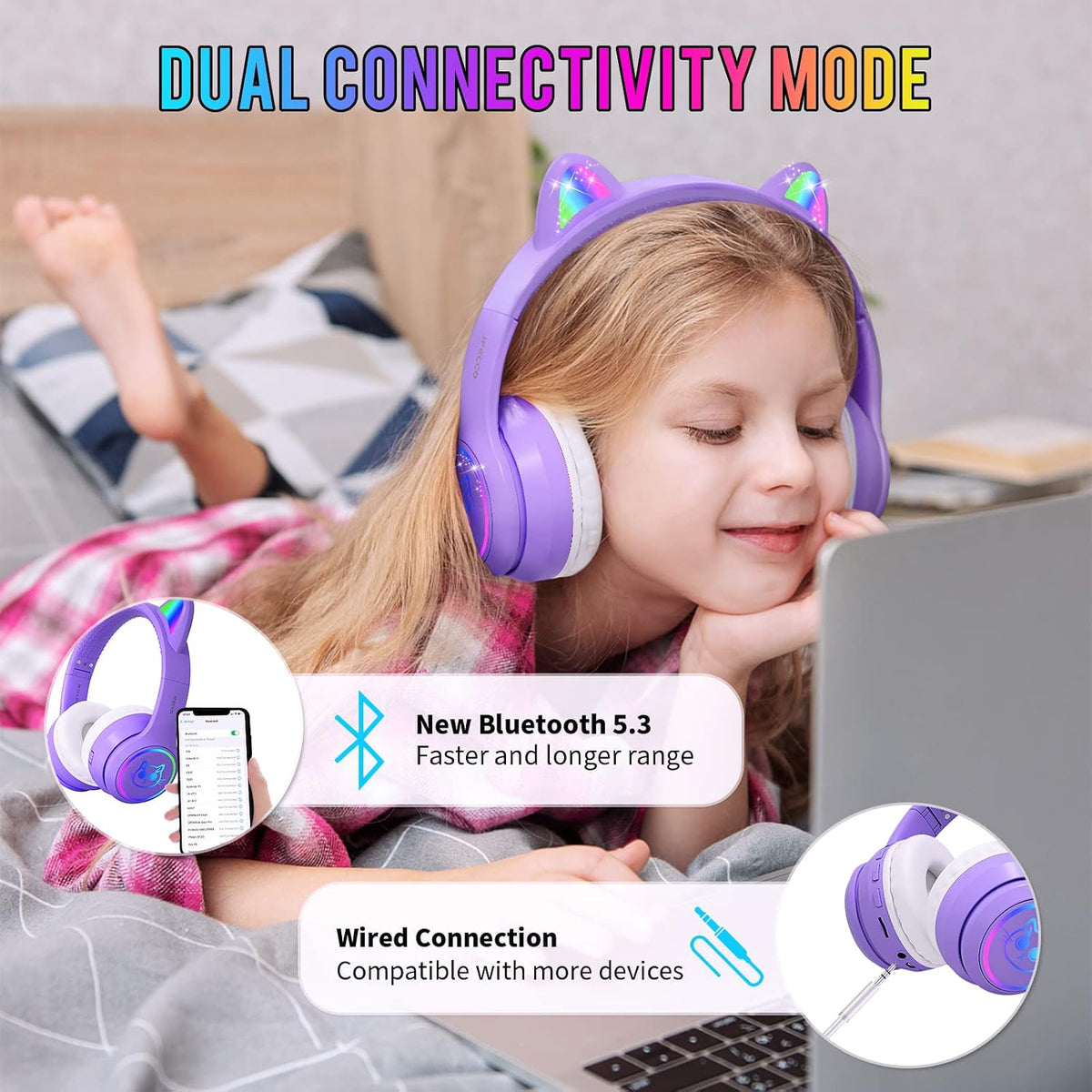 IFECCO Kids Bluetooth Headphones with Case,Cute LED Light Up Cat Ears