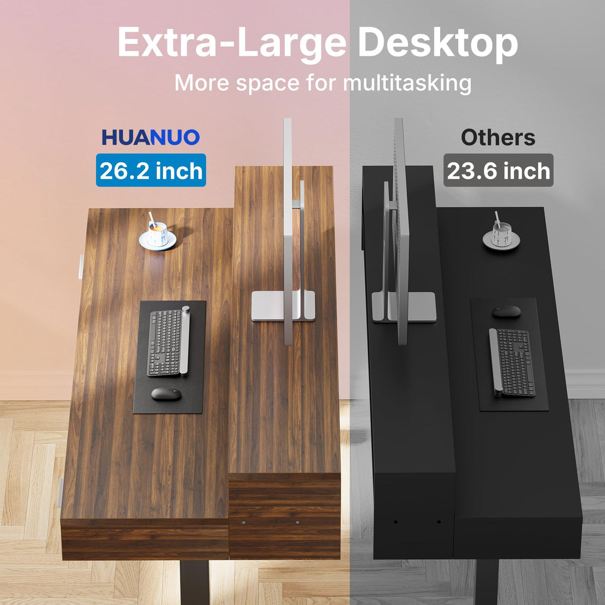 HUANUO 55″ x 26″ Electric Standing Desk with 2 Drawers &24.4″ Large Keyboard Tray, C-Clamp Mount Compatible, Adjustable Computer Desk for Office, Sit Stand Up Desk with 4 Height Presets, Light Walnut