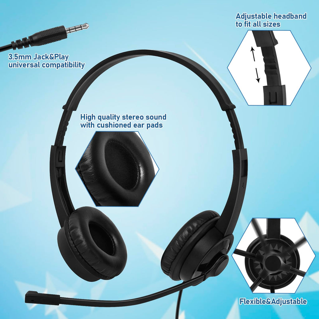 2 Pack Bulk Headphones with Microphone for Classroom Kids, On-Ear Wired Computer Headset with Rotating Mic for School Students K-12 Chromebooks PC Laptop Office Meetings