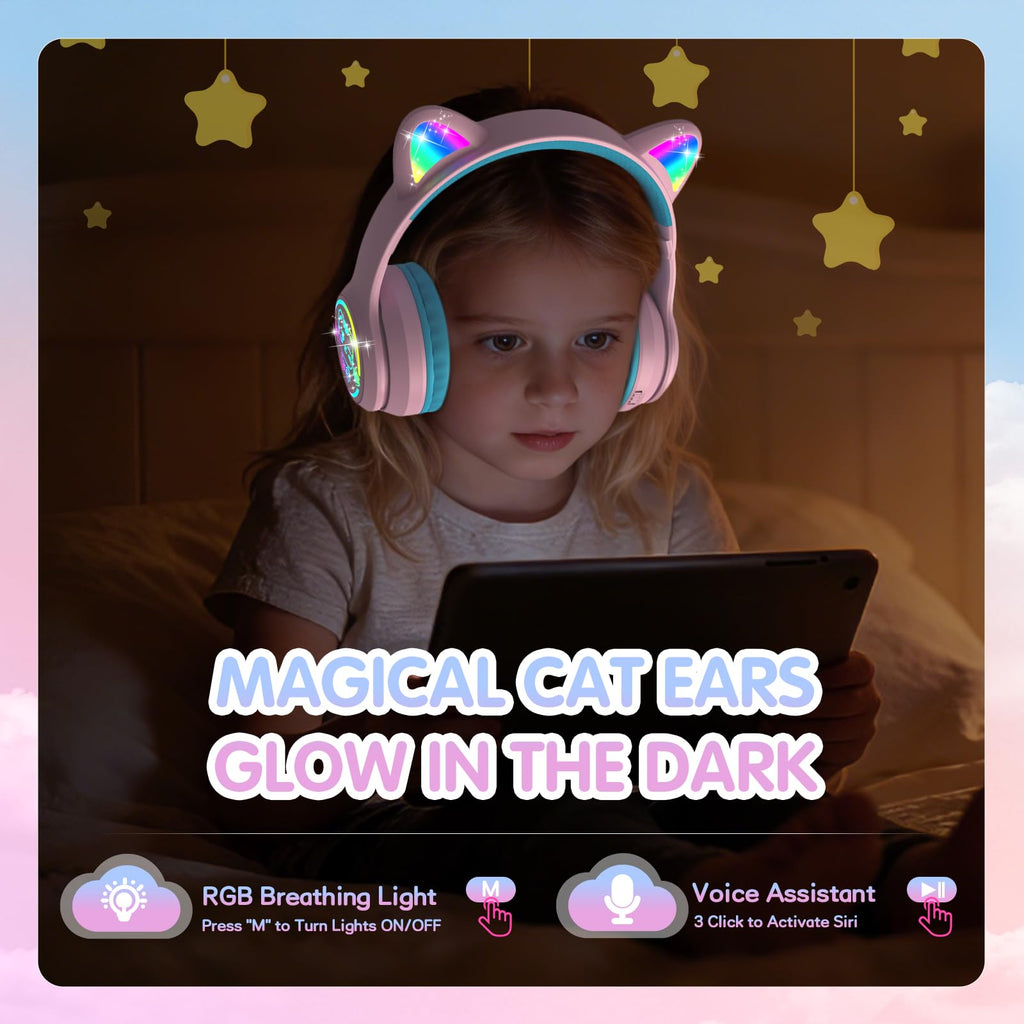 IFECCO Kids Bluetooth Headphones with Case,Cute LED Light Up Cat Ears