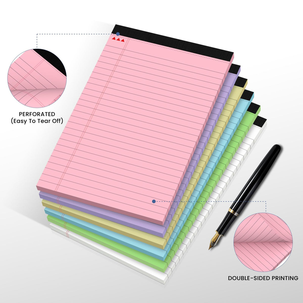 6 Pack Notepads 5x8, Color, Small Legal Pads, Perforated Notebook