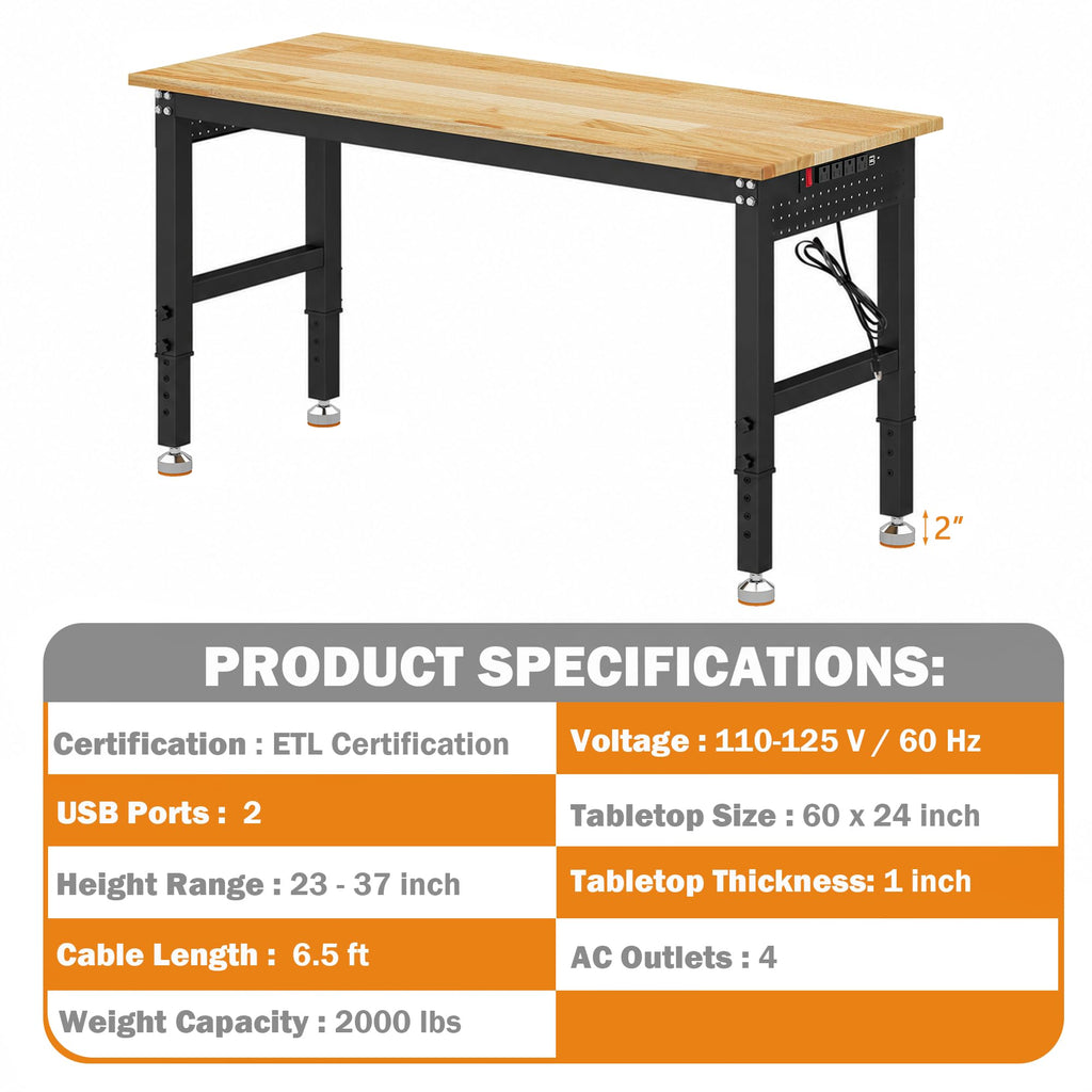 Betterhood 48" Heavy-Duty Adjustable Workbench for Garage, Rubber Wood Shop Table W/Metal Wheels, Hardwood Workstation Weight Capacity Over 2000 Lbs with Wheels