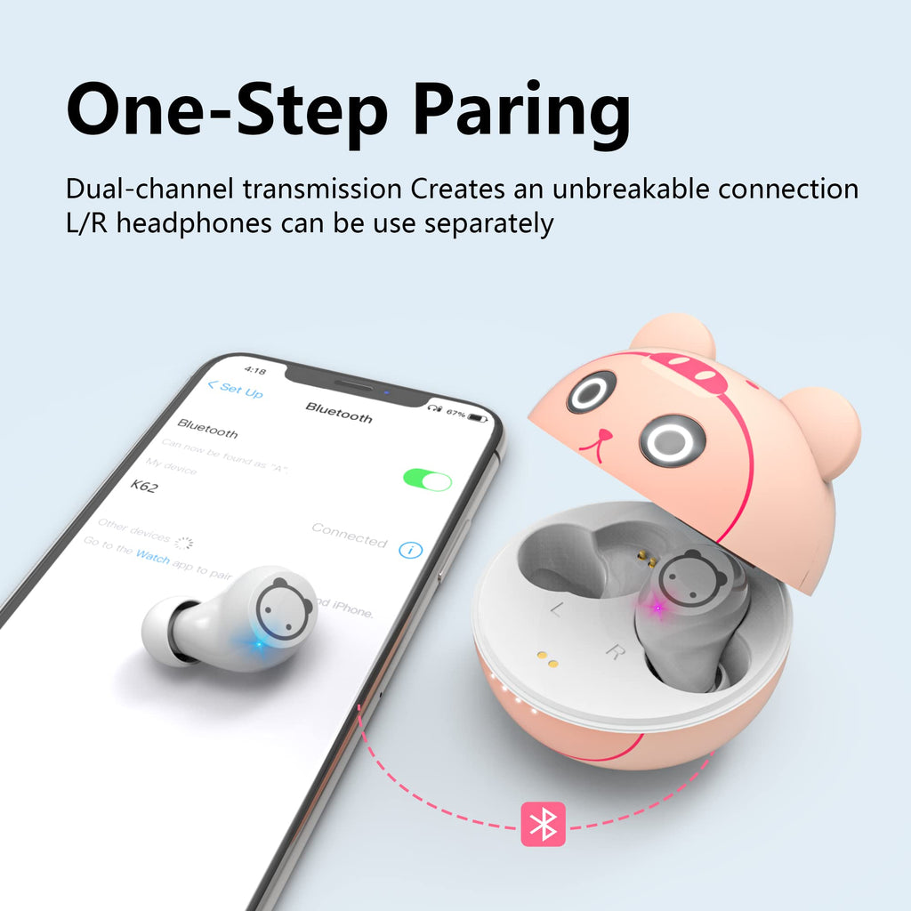 Wireless Earbuds for Kids, Headphones with Cute Panda Charging Case with Mic, Noise Cancelling,Typ-C, 3D Stereo Waterproof Bluetooth Buds for Sport & Outwork,3 x Ear caps(S,M,L)