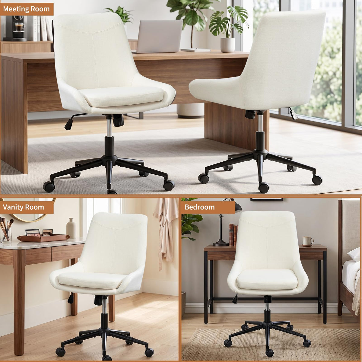 Home Armless Office Desk Chair, Linen Small Computer Chair with Adjustable Height, Removable Cushion, Comfy Rolling 360° Swivel Vanity Task Chair, Blue