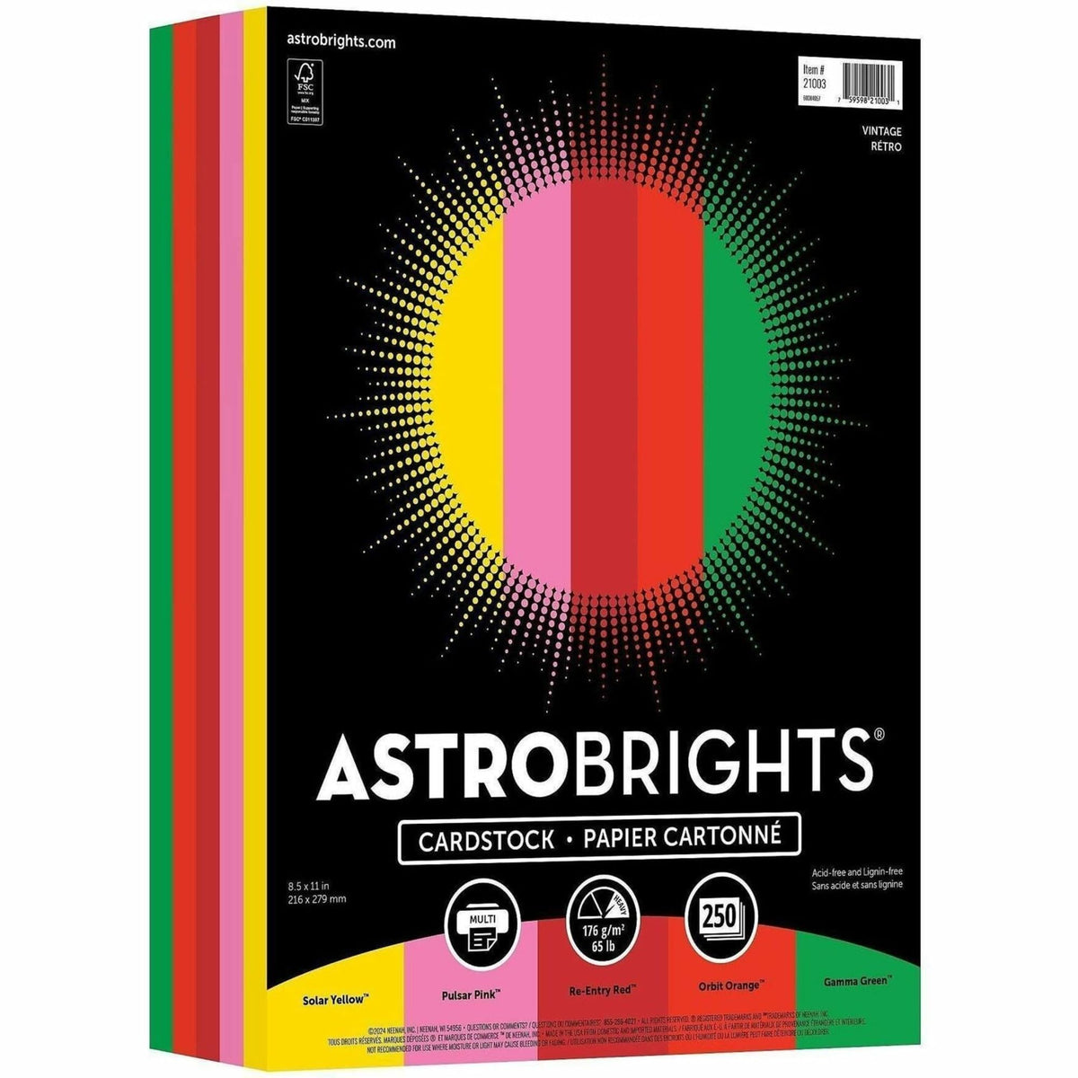 Astrobrights® Color Card Stock, Happy Assortment, Letter (8.5" x 11"), 65 Lb, Pack Of 250