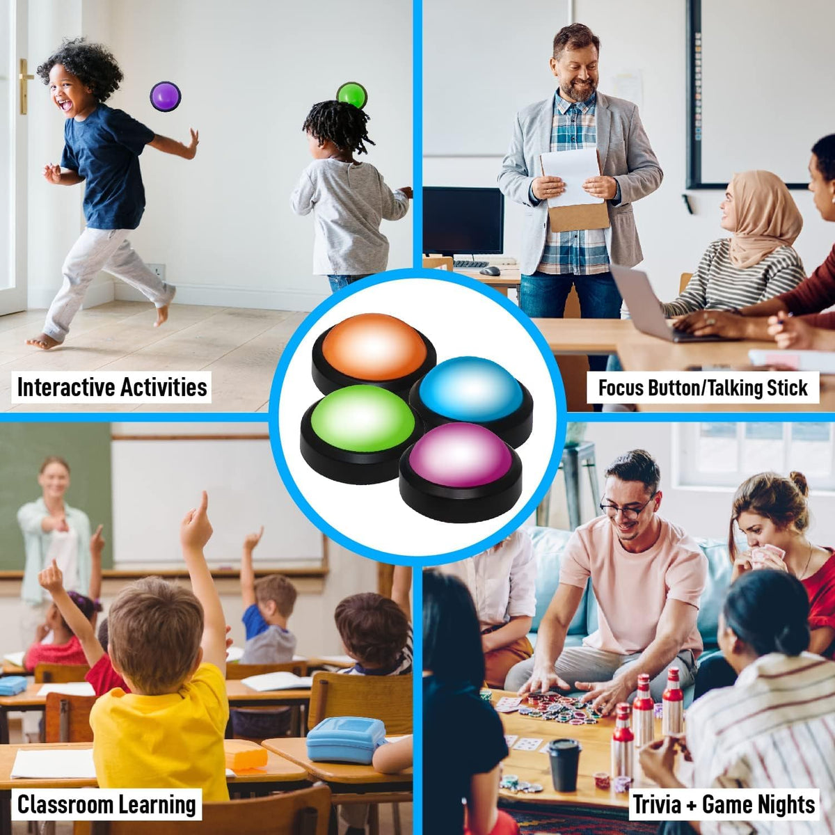 Teacher's Choice Light Up Game Buzzer System, Displays The Winning Player Loud, Unique Sounds for Each Buzzer, Great for Trivia Games, Family Feud, Jeopardy (8 Pack)