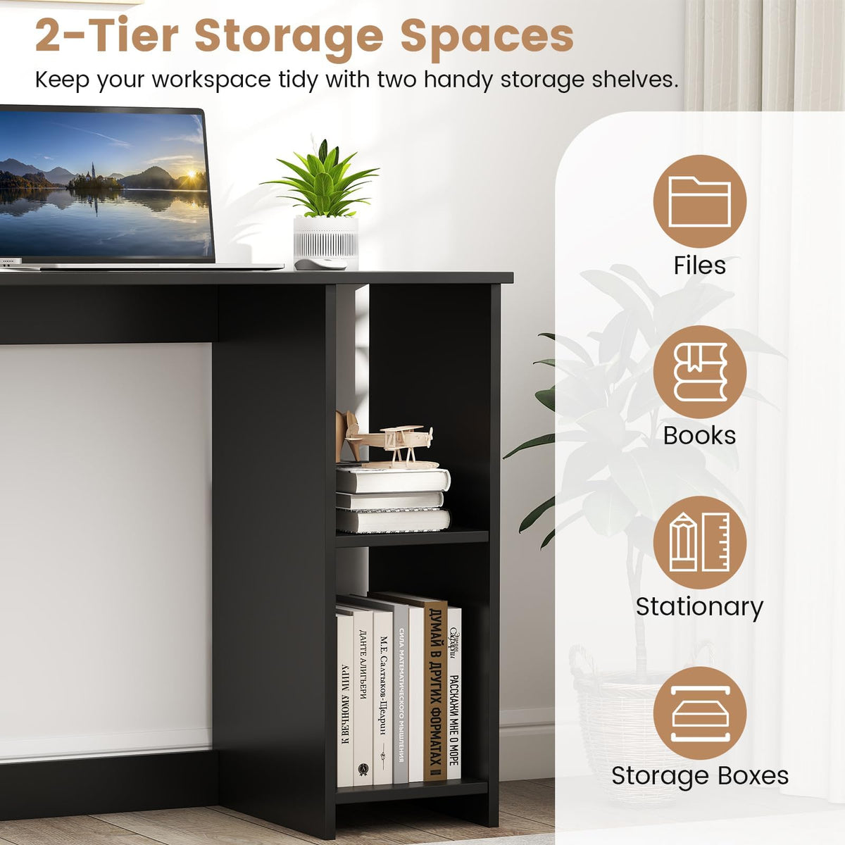 LDAILY Small Desk with 2-Tier Shelves, Compact Computer Writing Desk(White)