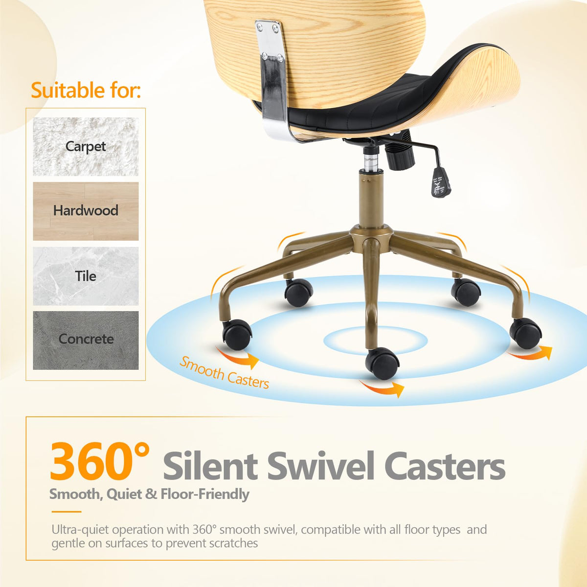 VINGLI Wide Comfotable Swivel Home Office Chair with Wood-Grain Curved Shell,Ergomomic Mid-Back Padded Armless Modern Desk Chair with Wheels,Height Adjustable for Computer,Task,Work,Microfiber,Rustic