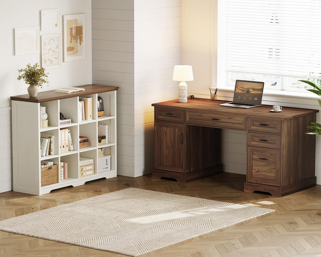 OffiGo Farmhouse 59 Inch Executive Desk with Drawers, Walnut+White