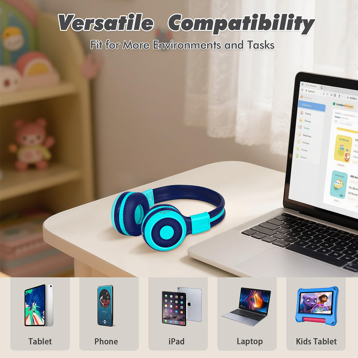 SIMOLIO Kids Wireless Headphones w/Mic for School,75/85/94dB Safe Volume