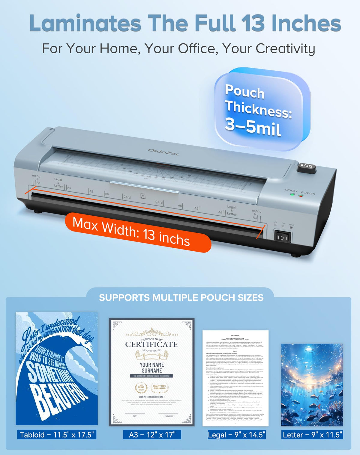 Laminator Machine 13 Inch, Mica Heating Dual Roller for Professional Lamination, 11x17 Personal Laminator with Laminating Pouches for Teachers, Hot & Cold Thermal Laminate for Home, Office