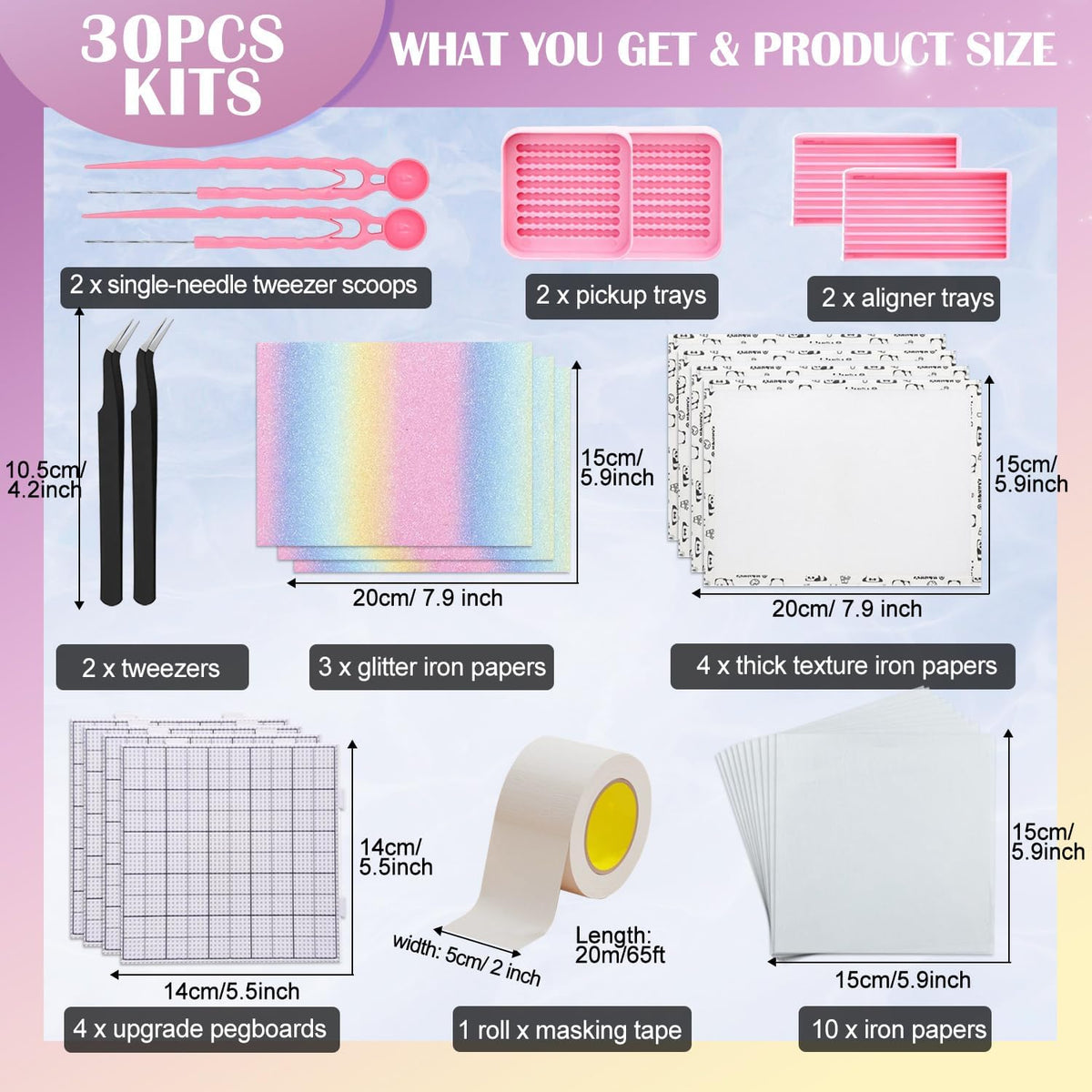 Fuse Beads kit-30PCS,Thick Texture Fuse Bead Iron Paper, Rainbow Glitter Ironing, Fuse Beads Picking Tray Kit,Grid Lines Fuse Beads Pegboards for 2.6mm Fuse Bead