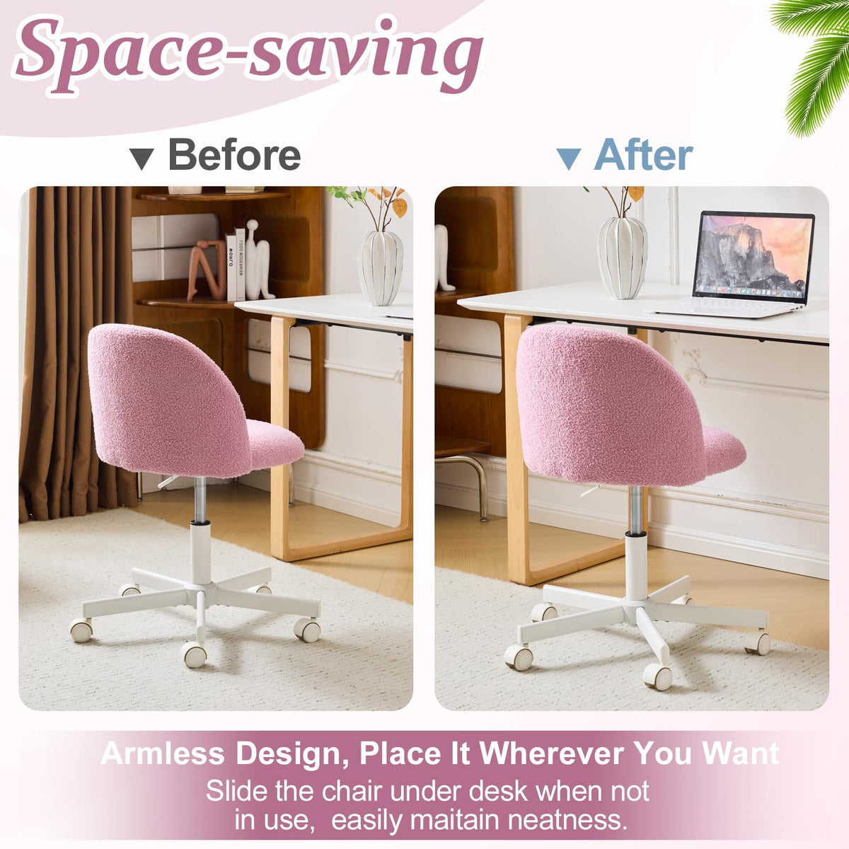 VINGLI Cute Candy Chair Armless Comfy Small Office Desk Vanity Chair with Wheels & Lumbar Support,Teddy Adjustable Rolling Swivel Computer Task Ch for Home Office,Bedroom,Gentle Pink