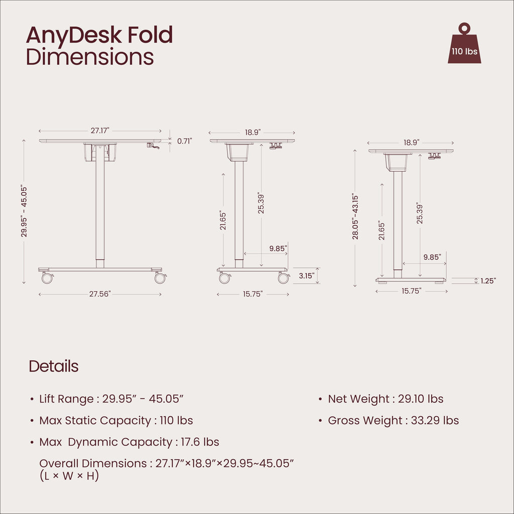 TopJob ANYDESK FOLD Mobile Standing Desk, Portable with Lockable Wheels, Foldable Stand Desk, Rolling Computer Workstations, Used for Home, Couch Side Table, Bedside Table in Bed Room Kitchen (Sand)