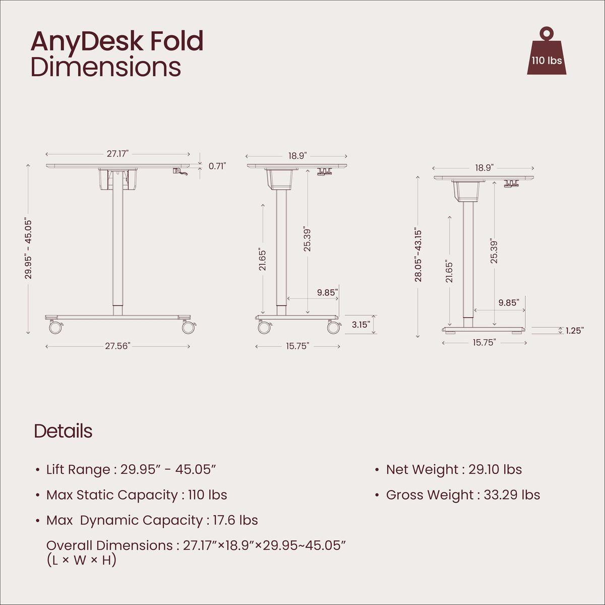 TopJob ANYDESK FOLD Mobile Standing Desk, Portable with Lockable Wheels, Foldable Stand Desk, Rolling Computer Workstations, Used for Home, Couch Side Table, Bedside Table in Bed Room Kitchen (Sand)