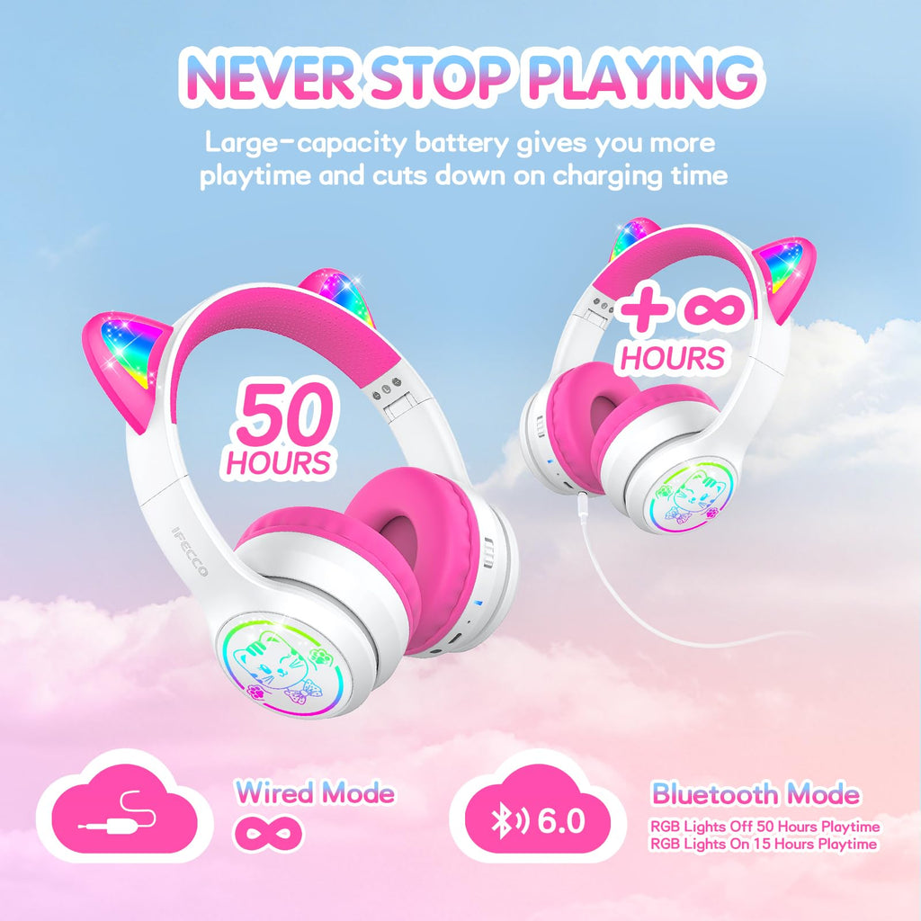 IFECCO Kids Bluetooth Headphones with Case,Cute LED Light Up Cat Ears