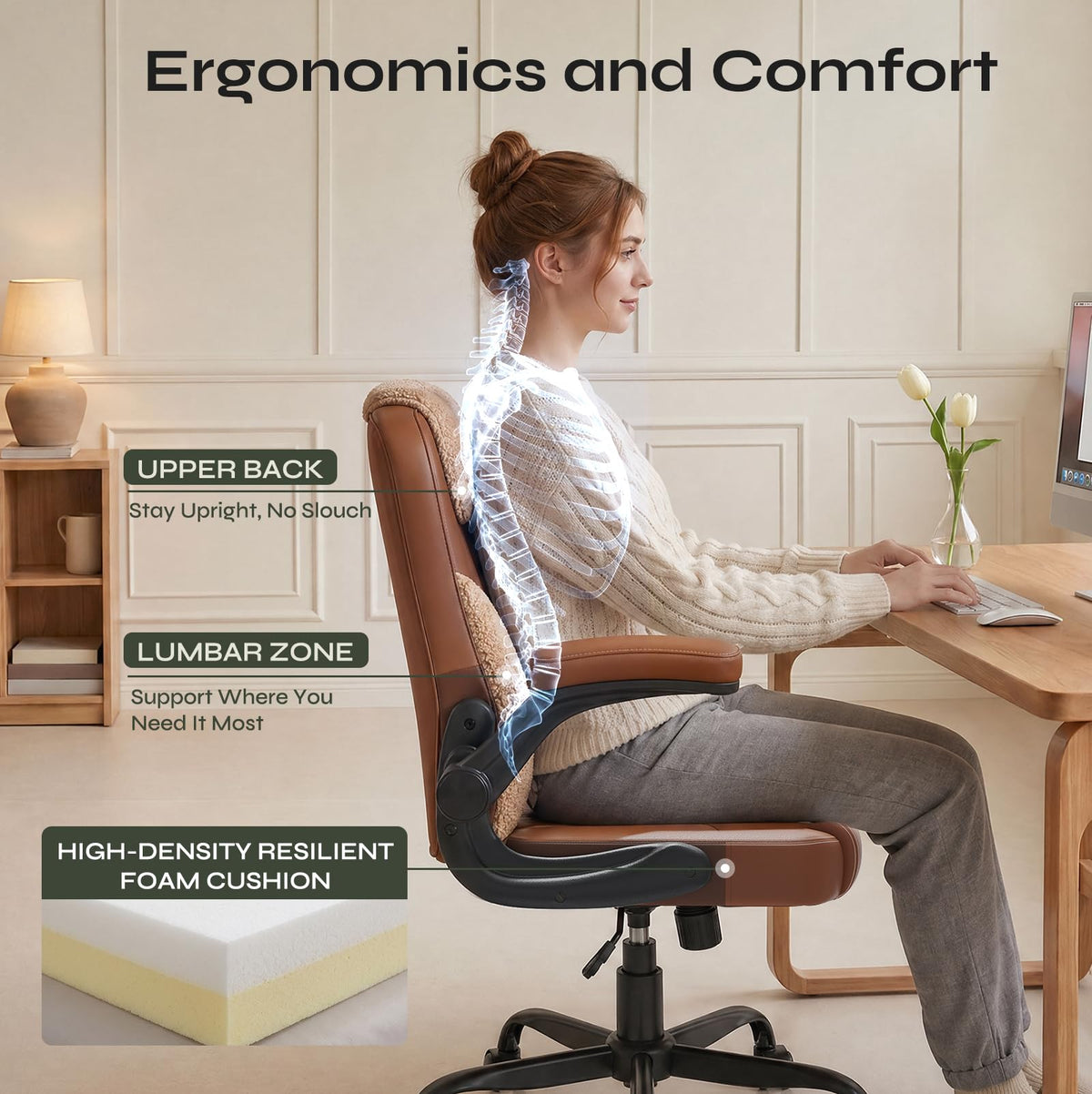 PU Leather Mid-Back Office Chair, Flip-Up Arms, 3.5" Dual-Layer Cushion