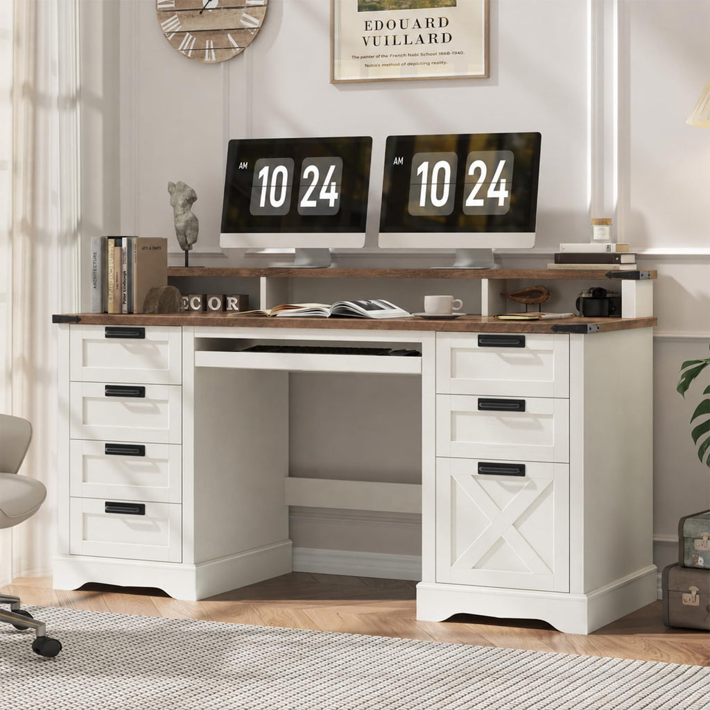 Vabches 51" Executive Desk Farmhouse Home Office Desk with Charging Station, LED Light, File Drawer, Storage Cabinet, Monitor Stand, Wood Computer Desk with Hutch for Work Study Writing (White)