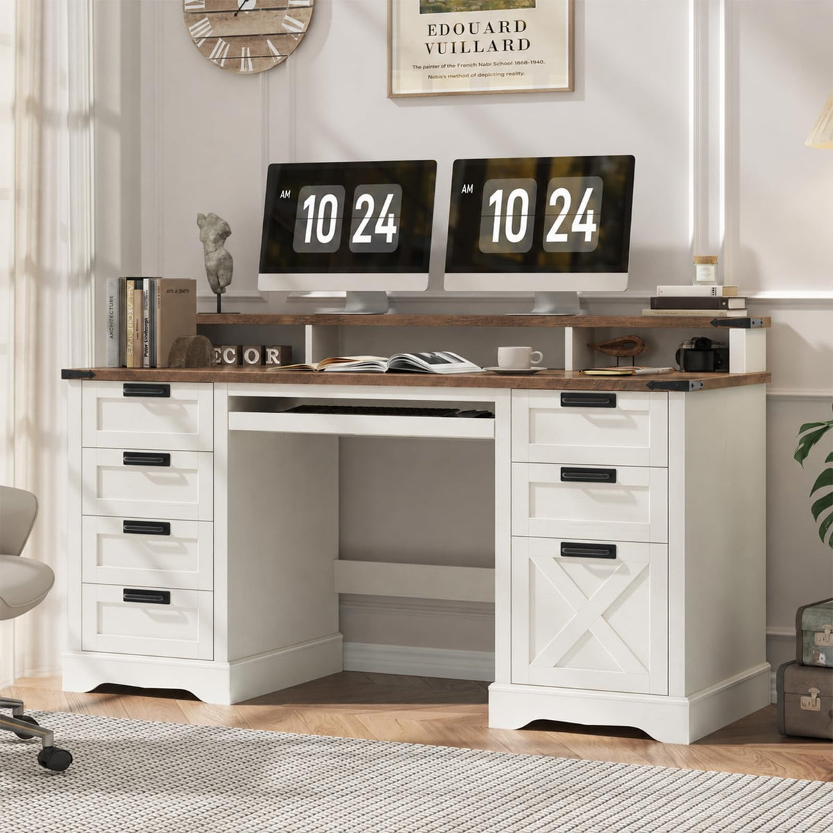 Vabches 51" Executive Desk Farmhouse Home Office Desk with Charging Station, LED Light, File Drawer, Storage Cabinet, Monitor Stand, Wood Computer Desk with Hutch for Work Study Writing (White)