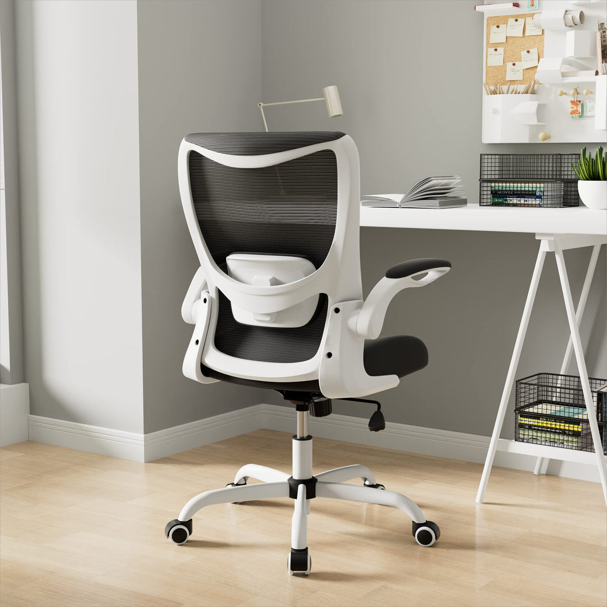 MUXX.STIL Office Chair, Ergonomic Desk Chair with Adjustable Lumbar Support and Flip up Armrest, Breathable Mesh Computer Chair for Home Office, Khaki