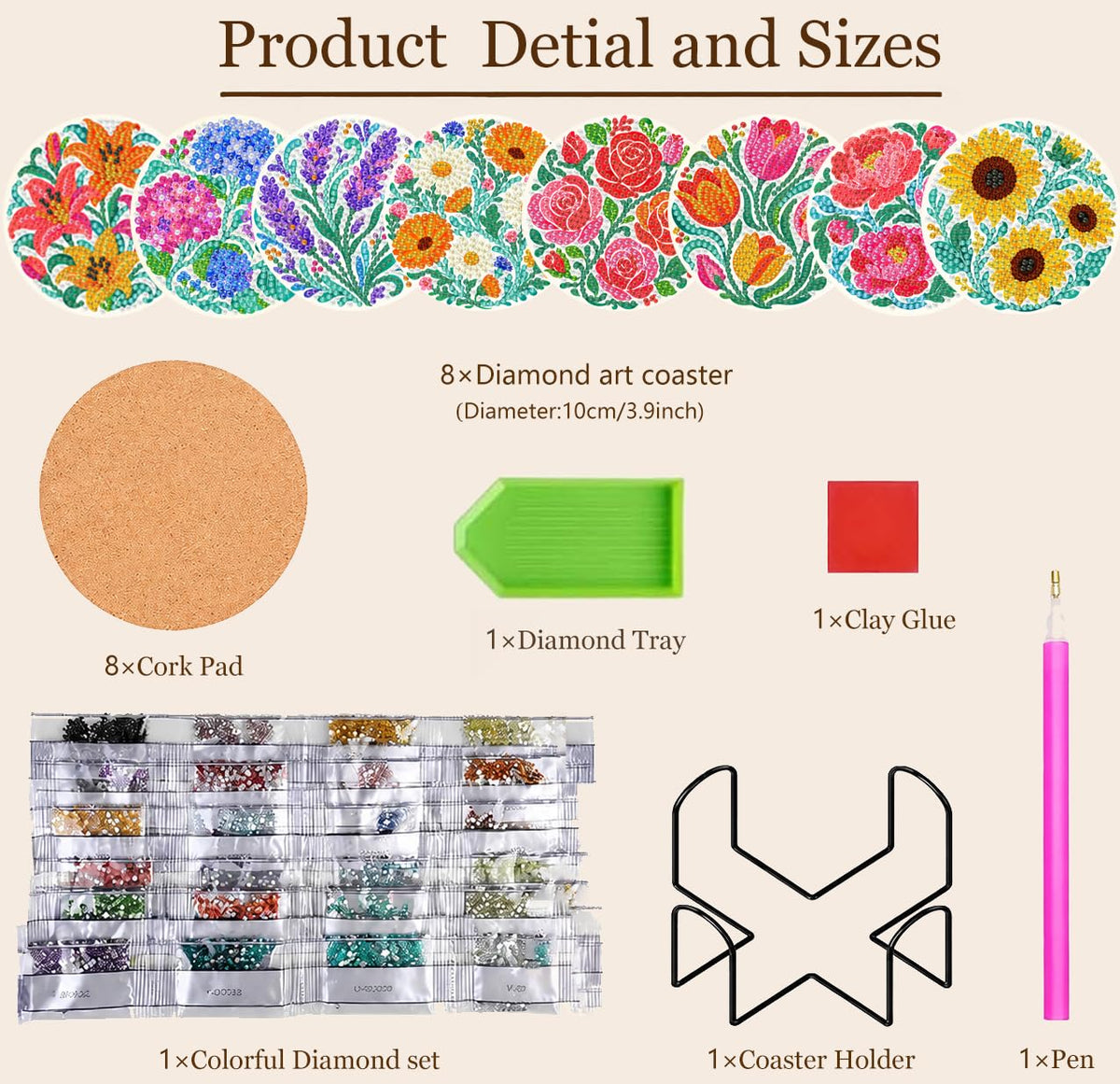 Puraikcmi 8PCs Diamond Paintings Coasters Kits Set, Funny Cat Diamond Art Coasters with Holder, DIY Crafts Diamond Art Kits Adult Craft Diamond Dots Gift