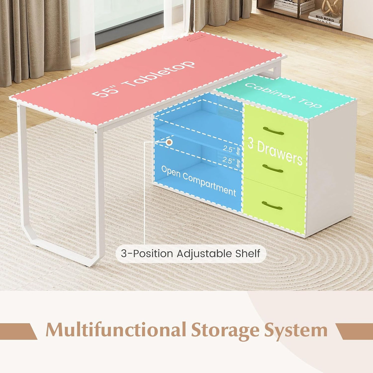 Tangkula 55" Reversible L Shaped Desk with 3 Drawers, Home Office Desk with Adjustable Shelf & Power Outlet, Study Writing Table, Computer Workstation for Small Space, Corner Desk (White)