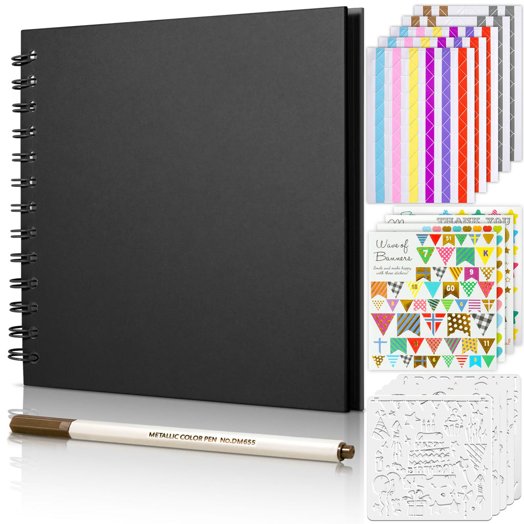 Gotideal 80 Pages Scrapbook Album with 10 Metallic Markers, Black