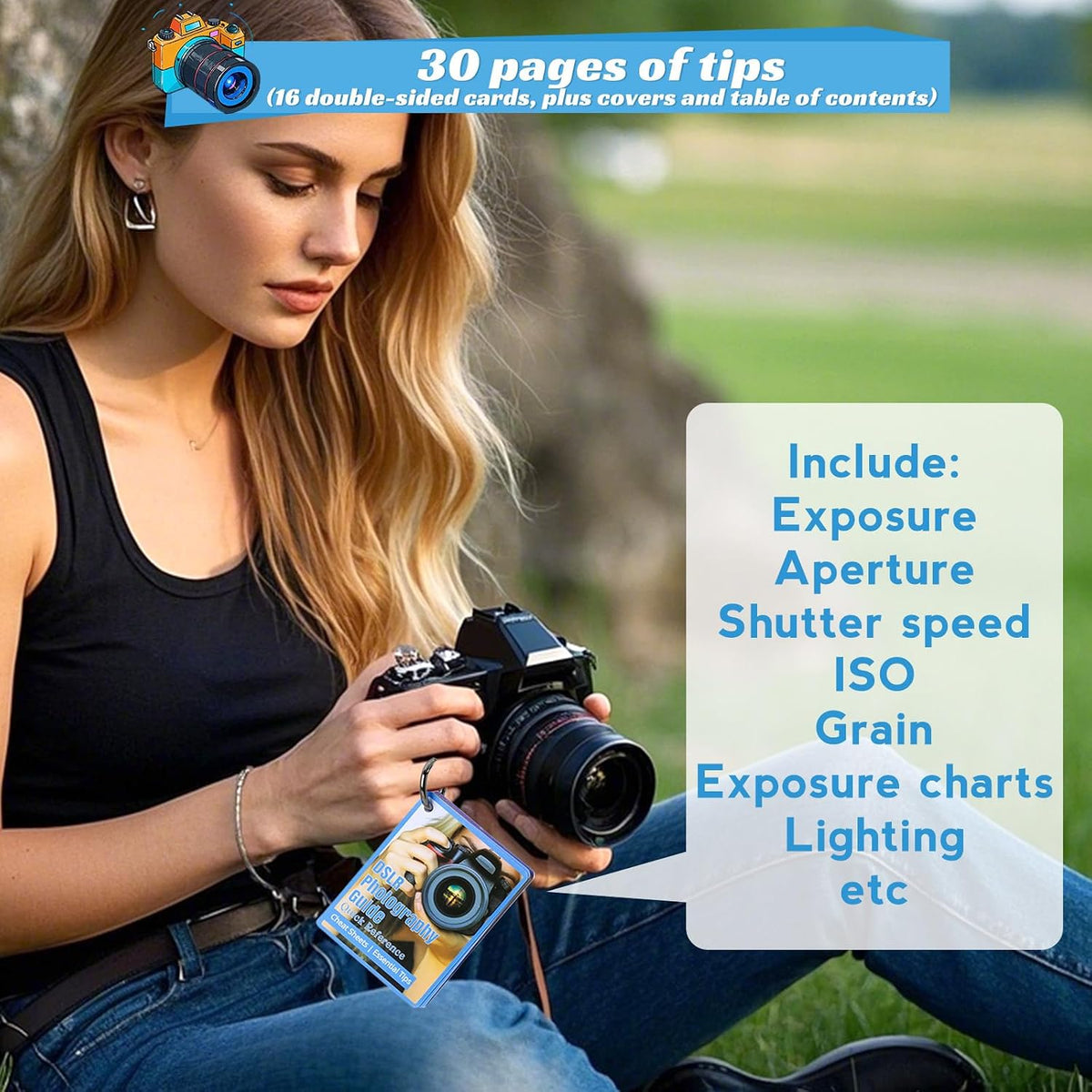Photography Cheat Sheet for DSLR Camera Accessories for Canon Nikon Sony,Quick Reference Cards Photographers Book for Beginners,Settings,Exposure, Modes,Composition,Lighting, etc.4×3 Inch