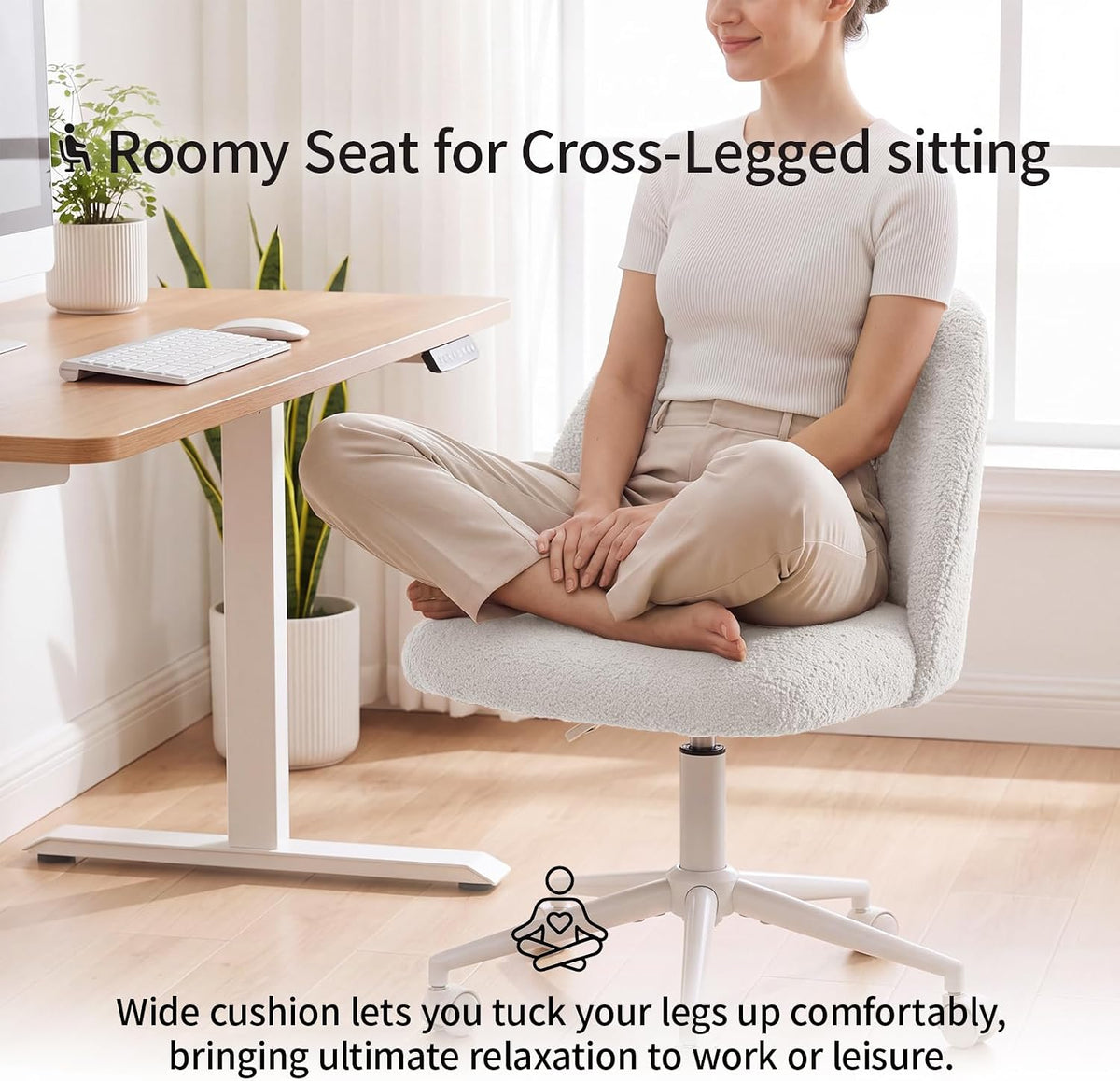 White Vanity Chair with Wheels＆Back, Armless Cute Desk Chair