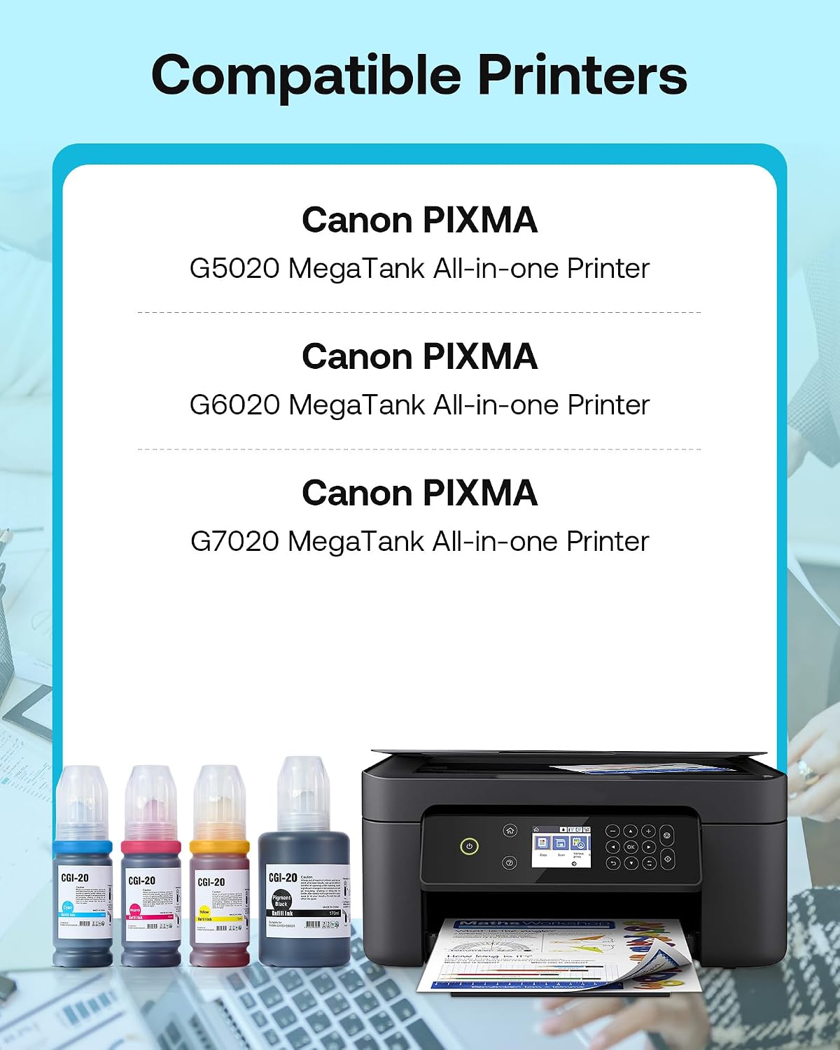 GI-20 GI20 Refill Ink Bottles Kit Compatible with Canon G6020 G7020 G5020 MegaTank Printers, 4-Pack (170ML GI-20 Black, 70ML GI20 Color)