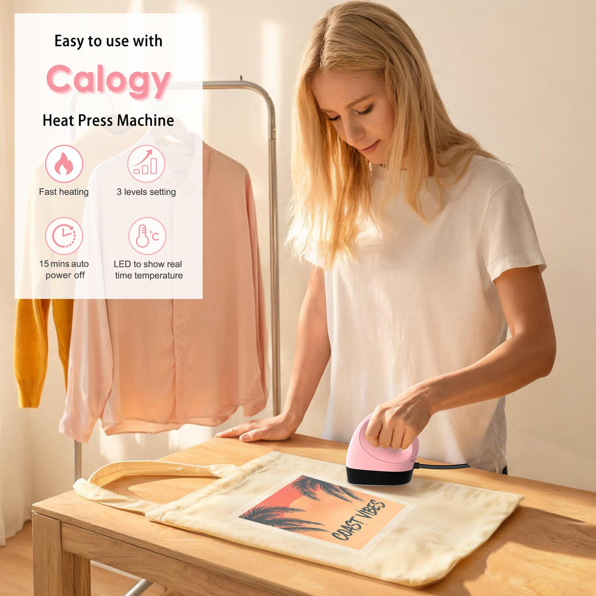 Calogy Mini Heat Press, Heat Transfer Machine, Constant Temp Control, Insulated Safety Base, Fits for Crafts, T-Shirt, Hat, Cap, Pillows(White Pink)