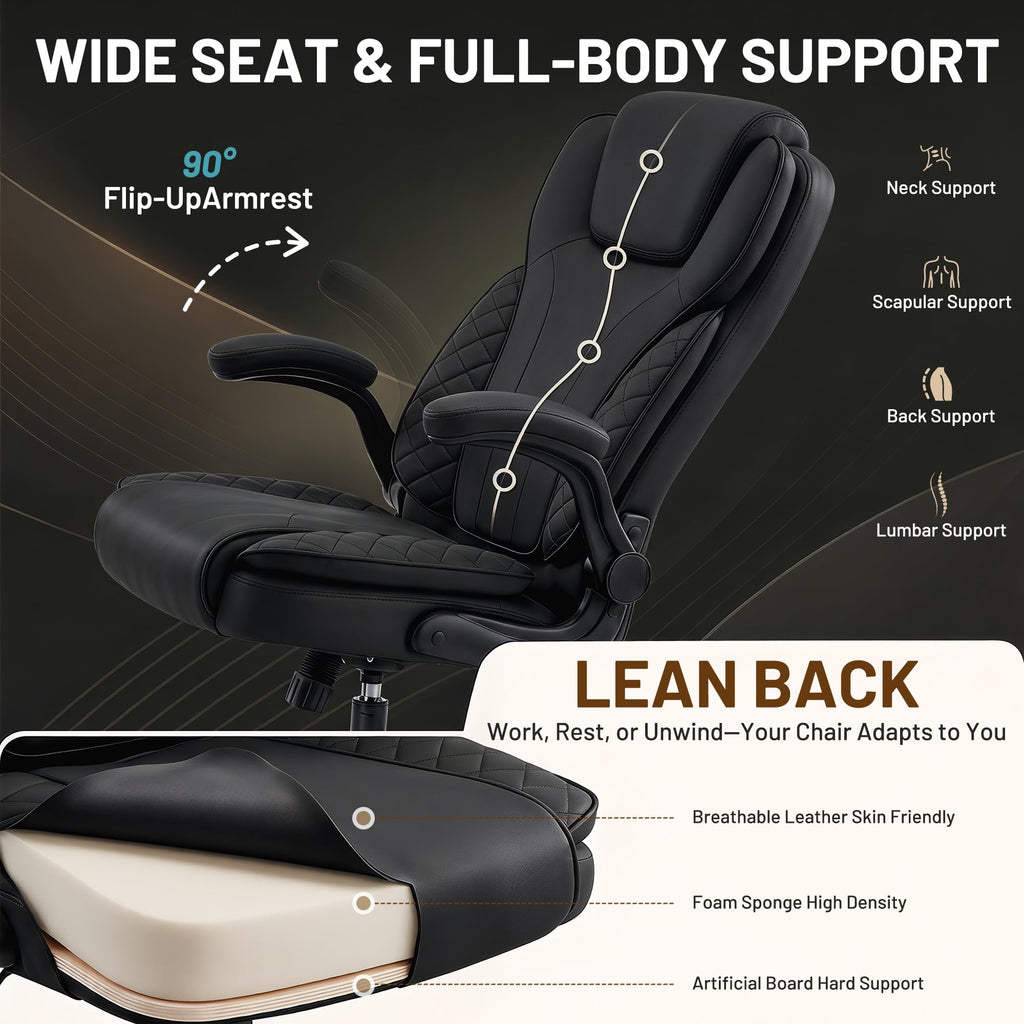 Ergonomic Office Chair, PU Leather High Back Executive Chair with Adjustable Inflatable Lumbar Support and Padded Flip-Up Arms, Recline Swivel Task Computer Chair for Home Office, Khaki