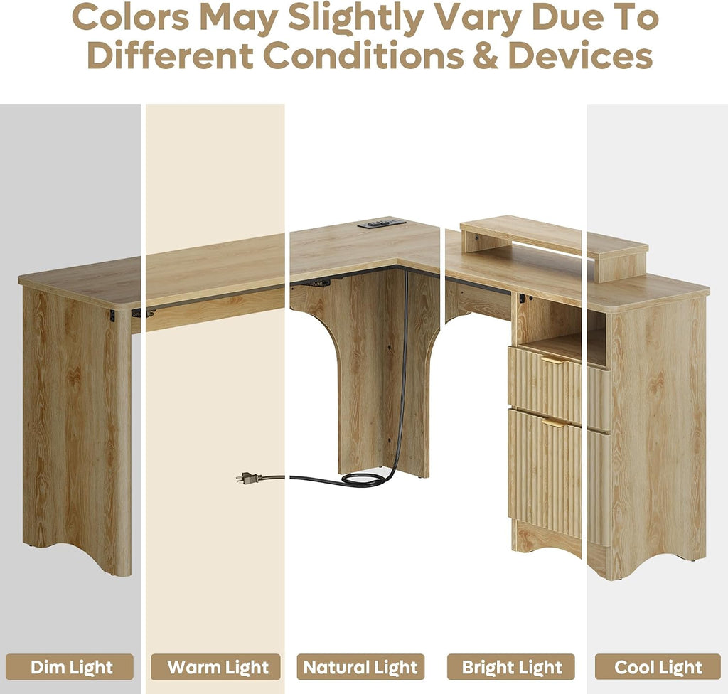 Bestier: 55" L-Shaped Student Study Desk with Manual Lift Top, USB Charging & File Drawer