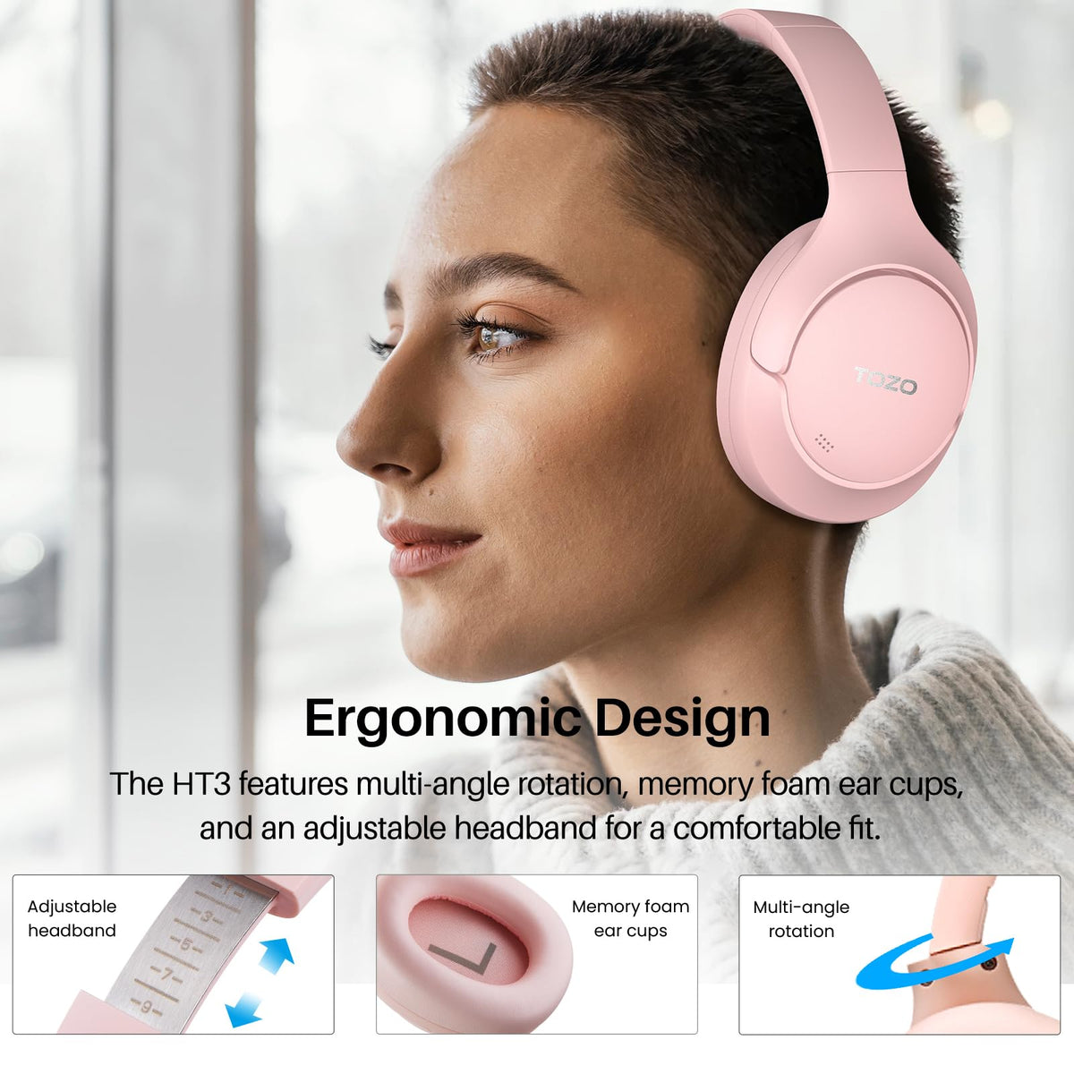 TOZO HT3 Hybrid Noise Cancelling Wireless Headphones, 90H Over Ear Headset