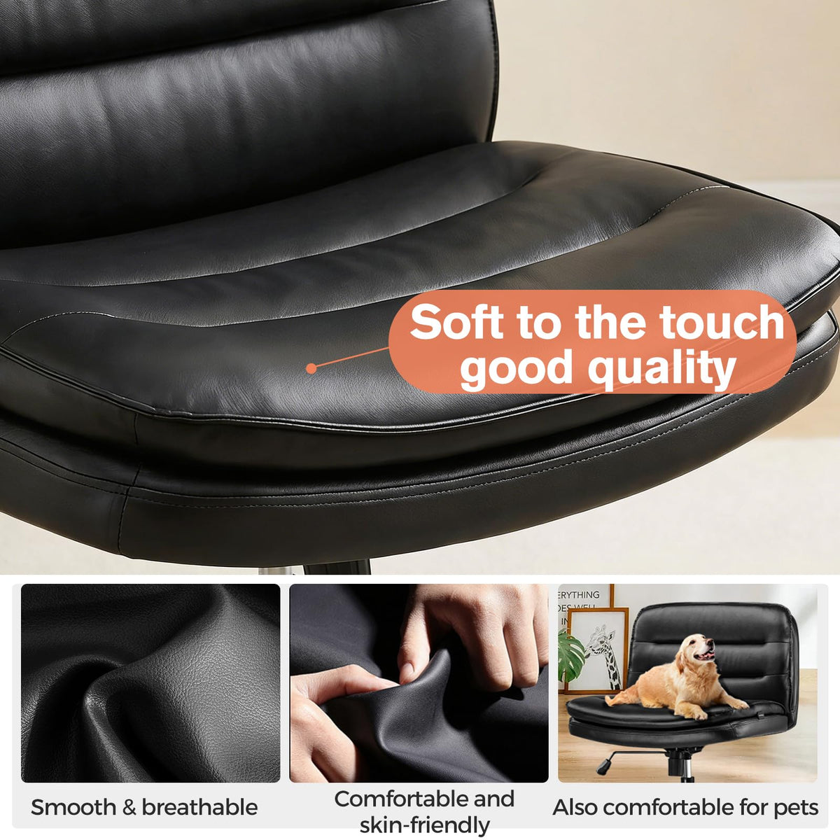 GTPLAYER Cross Legged Office Chair, Armless Desk Chair Cute Vanity Chair with Wheels Computer Chair Comfy Wide Office Chair Adjustable Swivel for Home Computer Task,Soft Velvet, Dark Grey
