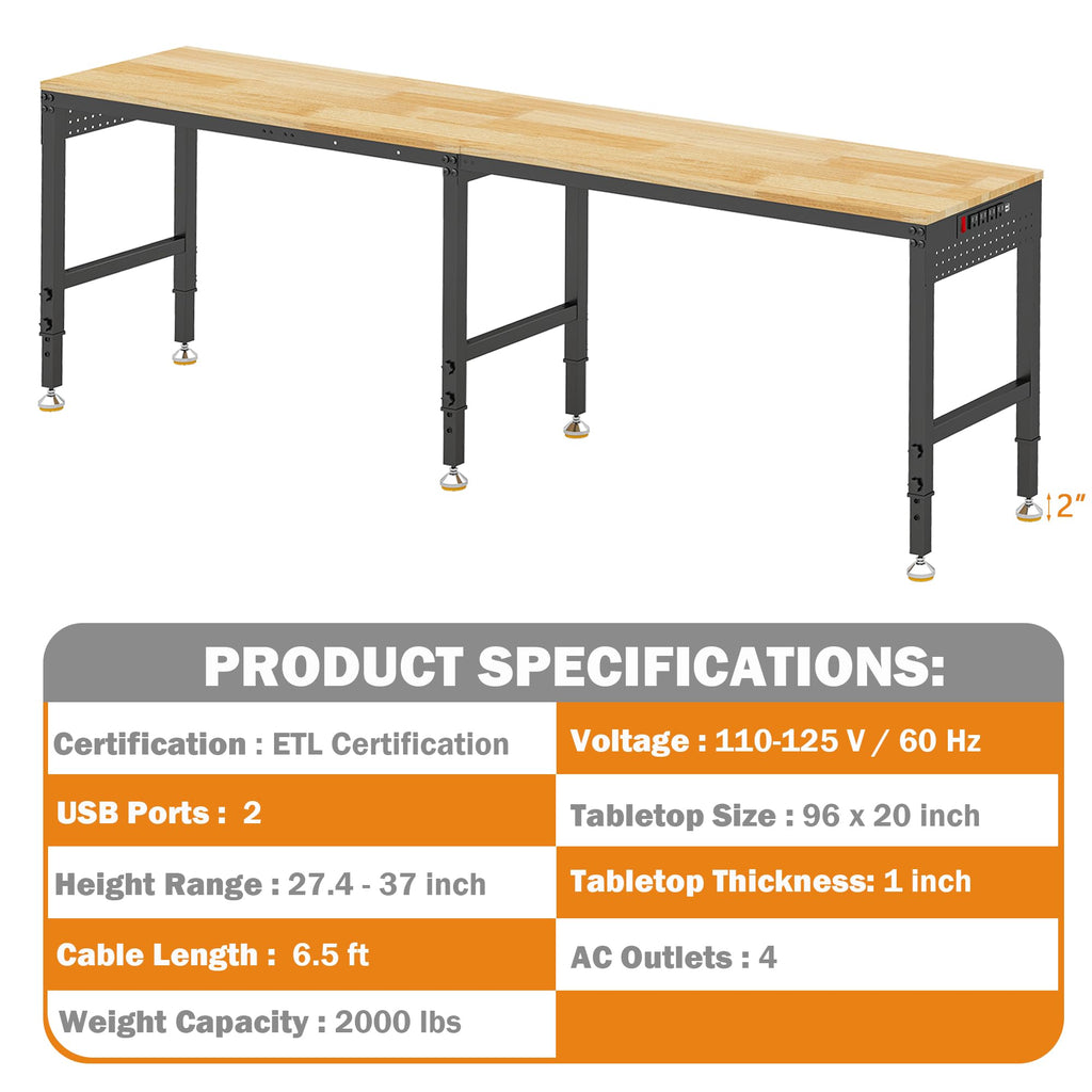 Betterhood 48" Heavy-Duty Adjustable Workbench for Garage, Rubber Wood Shop Table W/Metal Wheels, Hardwood Workstation Weight Capacity Over 2000 Lbs with Wheels