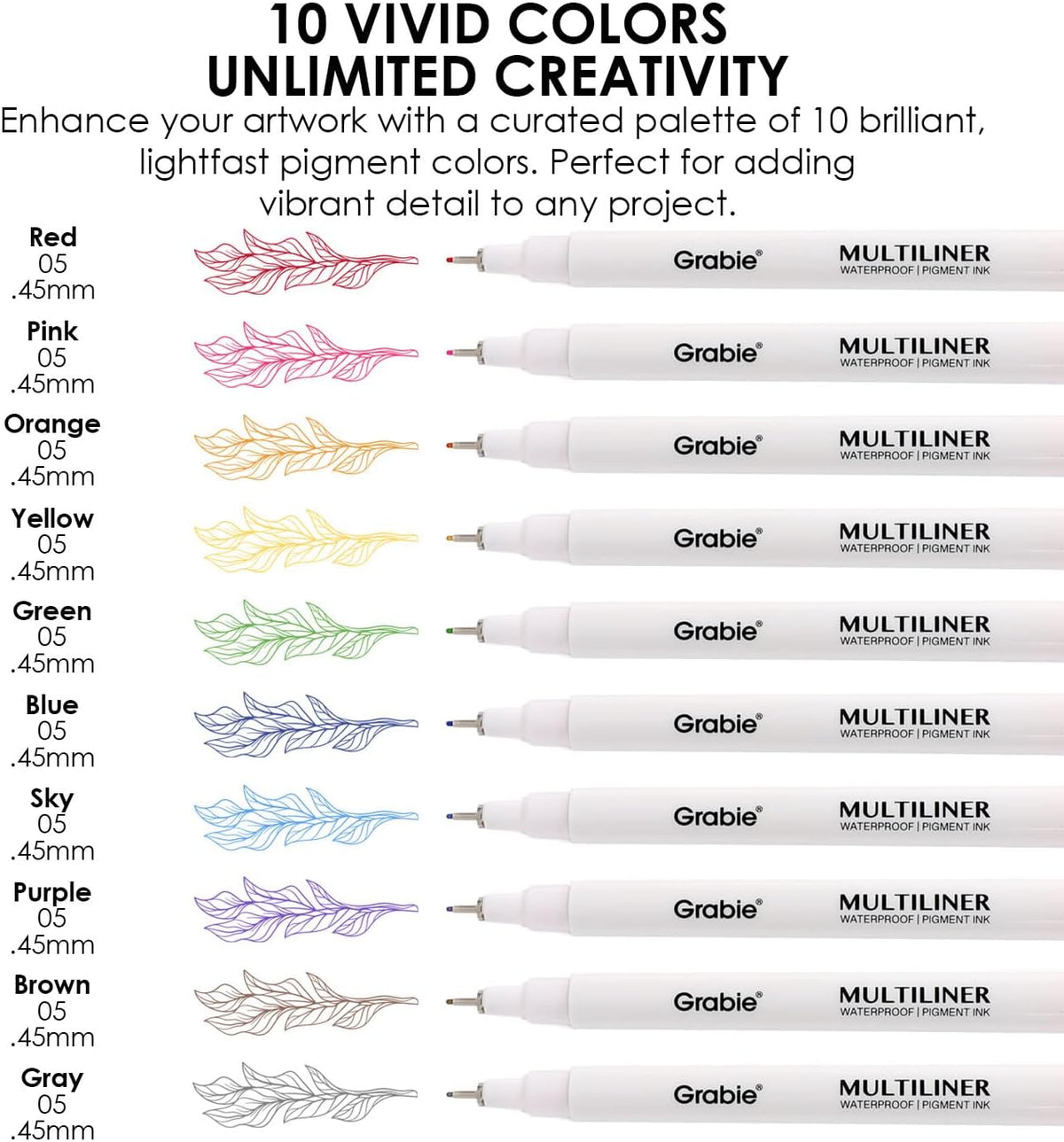 Grabie Micro Fineliner Pens, 10 Multicolor Waterproof Drawing Pens