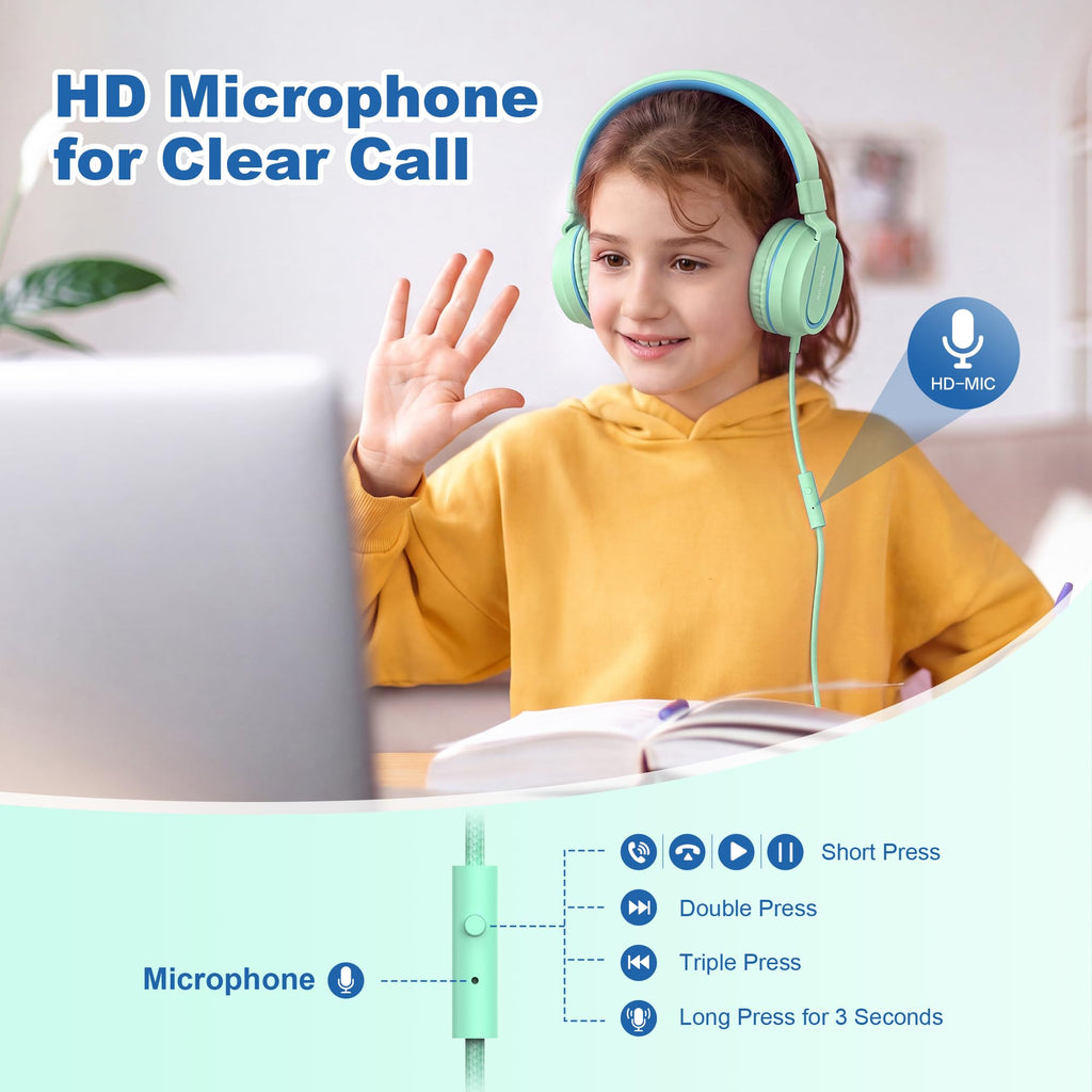 AILIHEN I35 Kids Headphones for School with Mic, 93dB Volume, Green Purple