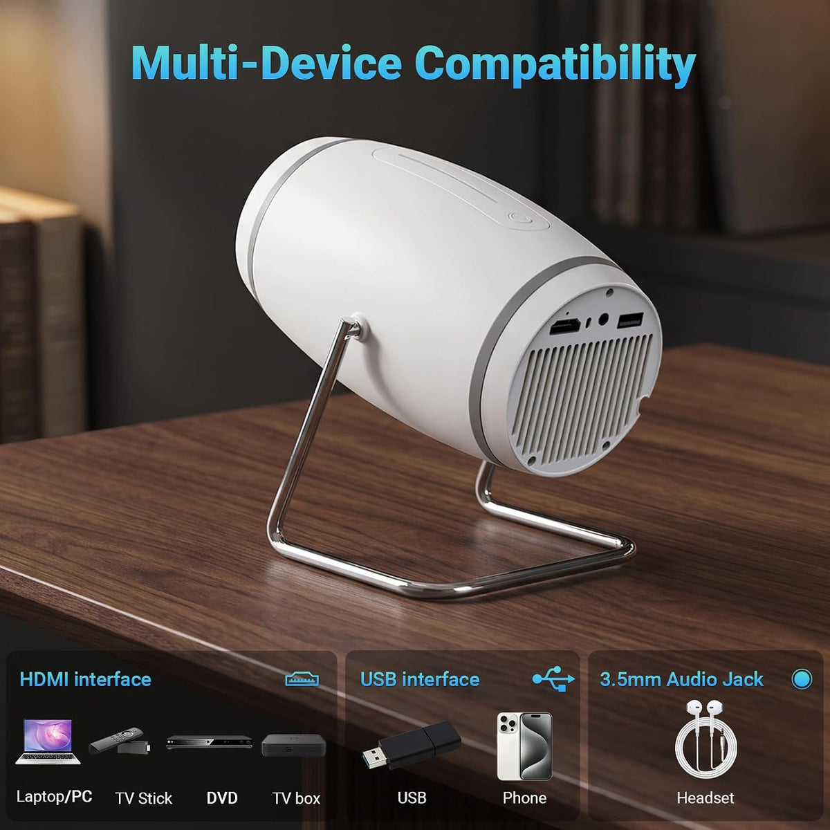 【Built-in APPS】Mini Projector With Wifi And Bluetooth, 1080P 4K Support Portable Projector, Movie Projector for Bedroom, Compatible with Smartphones/TV Stick/iPad/PS5/Laptop/HDMI/USB