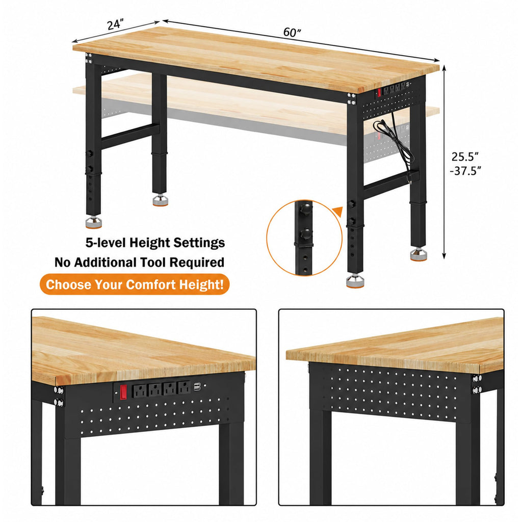 Betterhood 48" Heavy-Duty Adjustable Workbench for Garage, Rubber Wood Shop Table W/Metal Wheels, Hardwood Workstation Weight Capacity Over 2000 Lbs with Wheels
