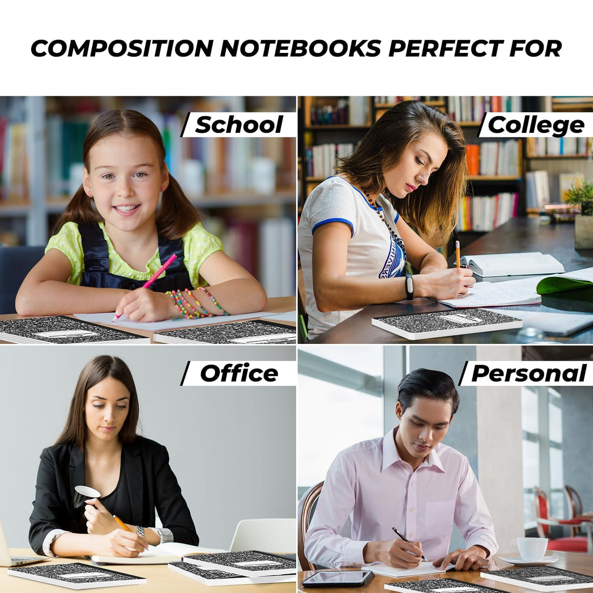 Rosmonde 5 Pack Wide Ruled Composition Notebook, Black Marble Notebooks