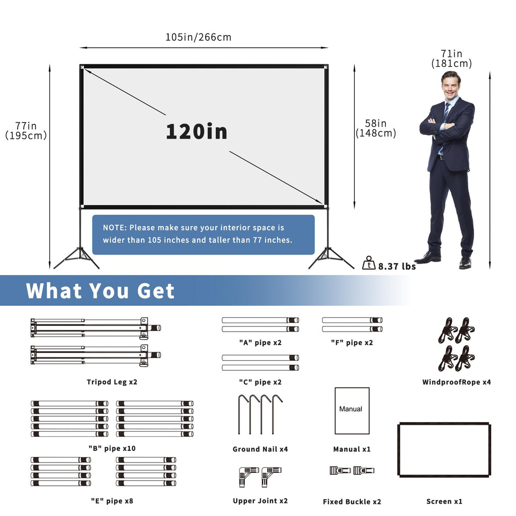 Projector Screen with Stand, 80 Inch Portable Projector Screen Outdoor Indoor, 1.2 Gain Fiberglass Projection Screen, 16:9 Outdoor Movie PVC Screen with Carrying Bag for Movie Night(White Screen)