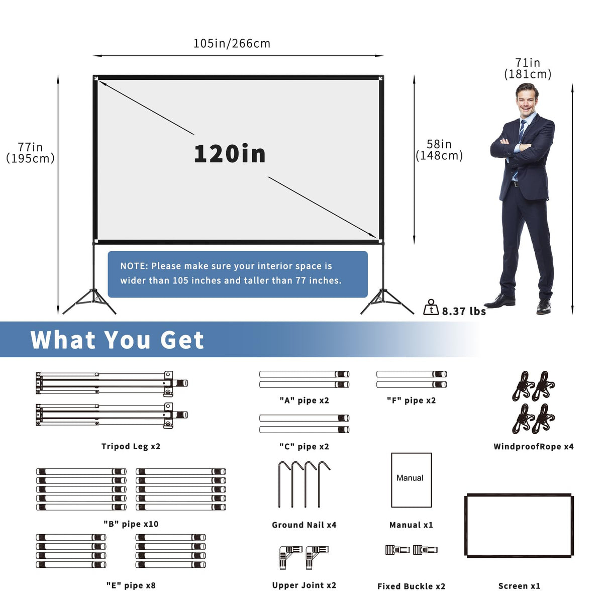 Projector Screen with Stand, 80 Inch Portable Projector Screen Outdoor Indoor, 1.2 Gain Fiberglass Projection Screen, 16:9 Outdoor Movie PVC Screen with Carrying Bag for Movie Night(White Screen)