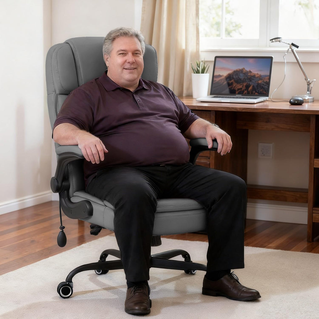 450LBS Big and Tall Executive Office Chair with Flip up Arm, Heavy Duty PU Leather Computer Desk Chair,Comfortable High Back Swivel Home Office Chair with Rolling for Adults,Spring Cushion,Metal Base