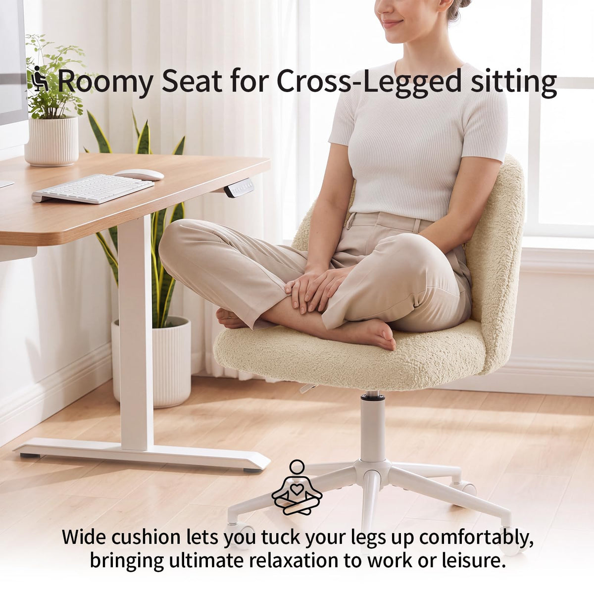 White Vanity Chair with Wheels＆Back, Armless Cute Desk Chair