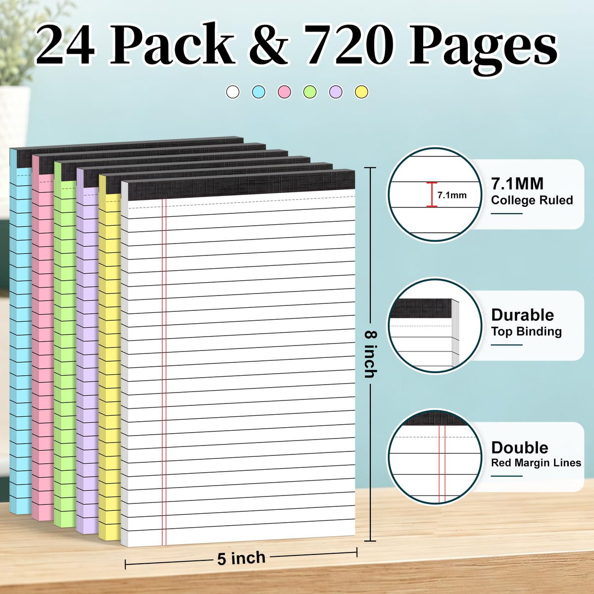 7 PCS Note Pads 5x8 Small Legal Pads 210 Sheets, Perforated Small Notebook Notepad 5 x 8 ,College Ruled Lined Paper Pads 80GSM, Mini Hard Backing Writing Pads Memo for Work School &Office Supplies-Multicolor