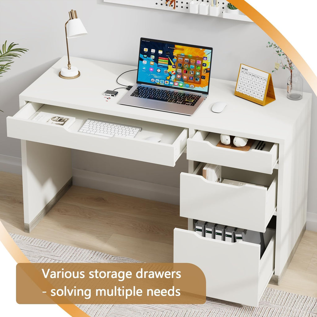 MaverickFurni White Desk with Drawers, 48 Inch Small Computer Desk