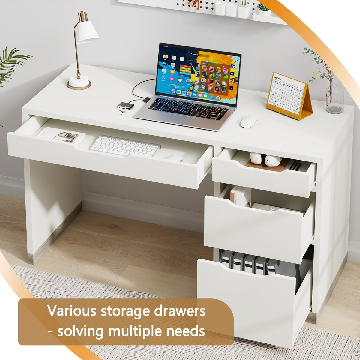 MaverickFurni White Desk with Drawers, 48 Inch Small Computer Desk