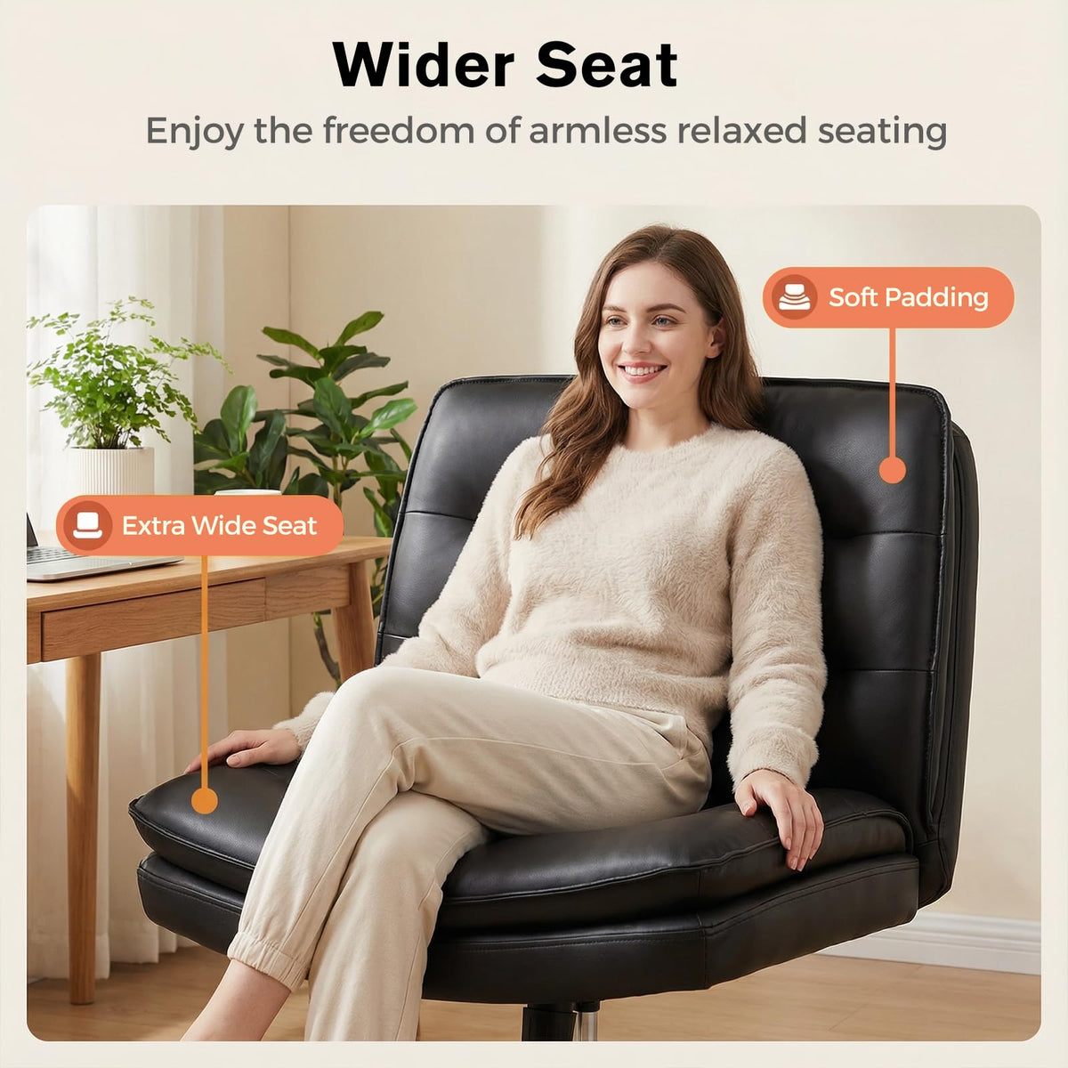 GTPLAYER Cross Legged Office Chair, Armless Desk Chair Cute Vanity Chair with Wheels Computer Chair Comfy Wide Office Chair Adjustable Swivel for Home Computer Task,Soft Velvet, Dark Grey