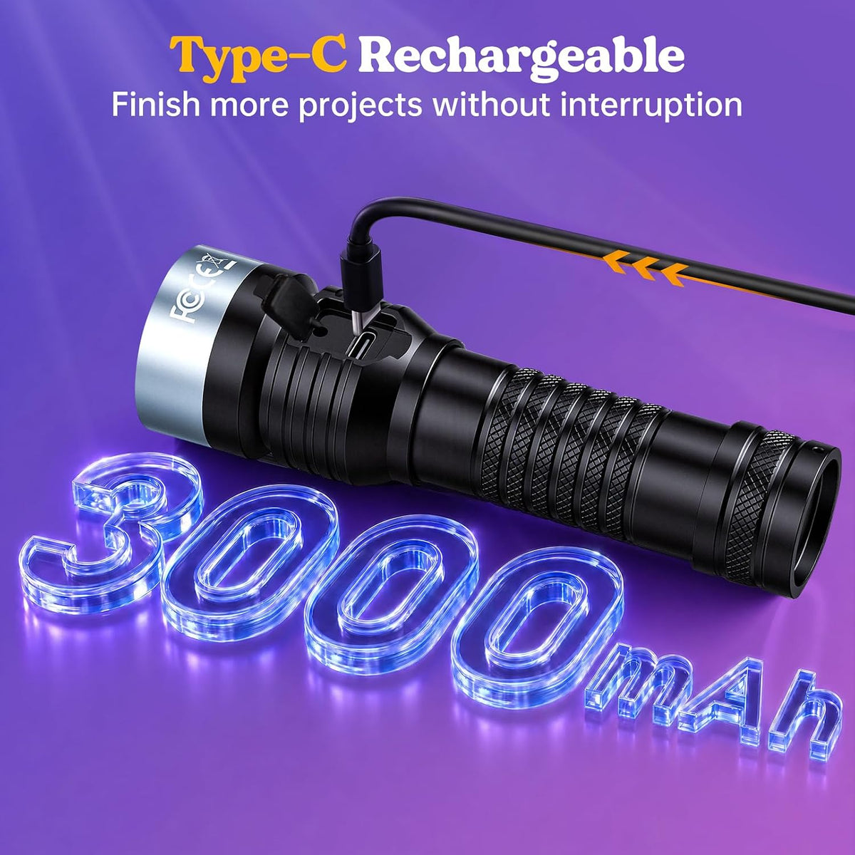 LET'S RESIN 365nm UV Flashlight, 7 LEDs, USB-C Rechargeable, 3000 mAh